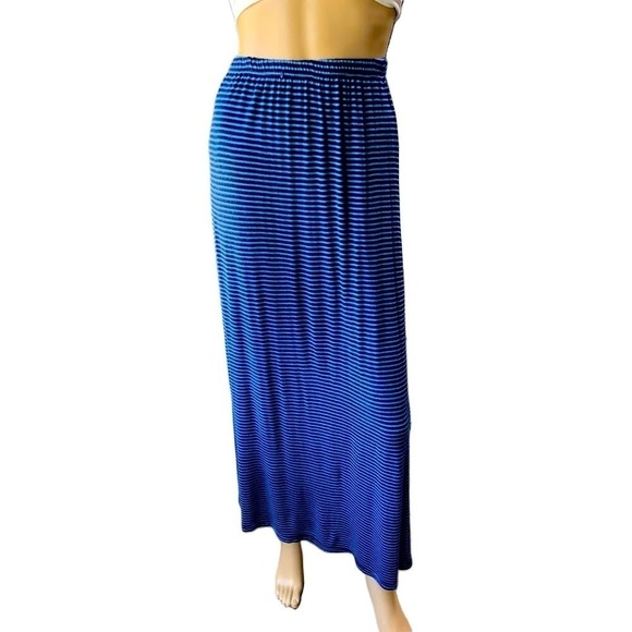 Azure Blue White Striped Cotton Elastic Waistband Maxi Skirt Size Small - Picture 1 of 13